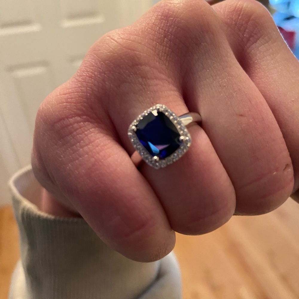 Cushion Cut Sapphire and Diamond Halo Ring in Sterling Silver size 7